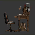 Vintage Wooden Computer Desk With Retro Typewriter Desk Lamp Office Chair And Backpack