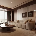 Modern Living Room Interior With Wooden Accent Wall Light Brown Sofa And Round Coffee Table