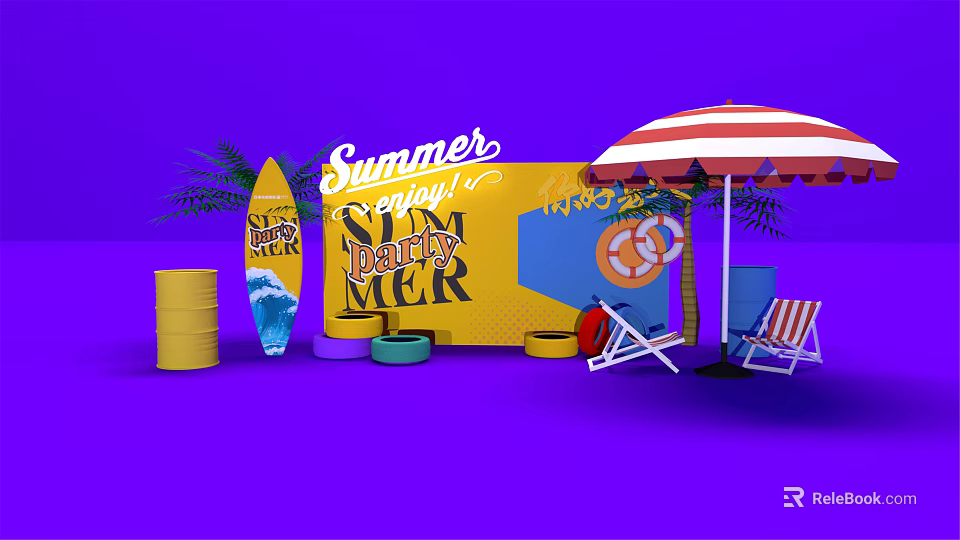 Summer Day Party Setup With Yellow Box Surfboard Striped Umbrella And Beach Chairs 3d model 