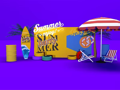 Summer Day Party Setup With Yellow Box Surfboard Striped Umbrella And Beach Chairs 3d model