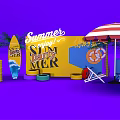 Summer Day Party Setup With Yellow Box Surfboard Striped Umbrella And Beach Chairs