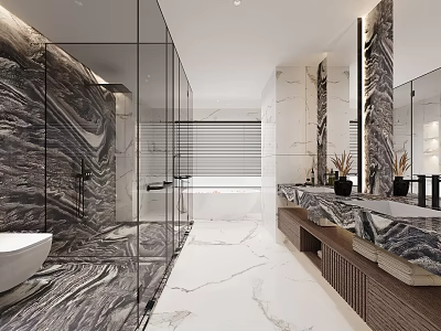 Modern Luxurious Bathroom Interior With Marble Walls Floors Glass Shower Enclosure Double Vanity Wooden Cabinets 3d model