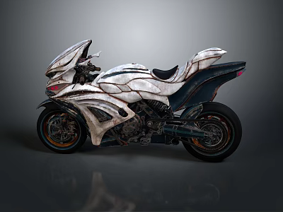 Futuristic Motorcycle with Unique Streamlined Armored Body White Black Color and Orange Rimmed Black Wheels 3d model