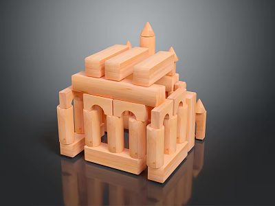 Creative Wooden Blocks Built Architecture Model With Arched Columns And Tower Structure 3d model