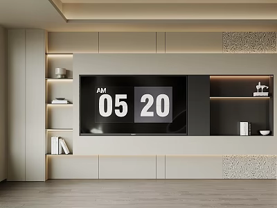 Modern TV Background Wall Design With Built in TV Floating Shelves And Ambient Lighting 3d model