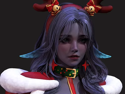 Game Movie Character With Purple Hair Reindeer Antlers Bells Blue Pointed Ears Red White Outfit 3d model