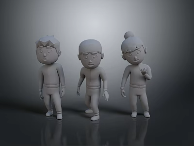 Three Gray 3D Cartoon Character Models With Different Hairstyles And Poses 3d model