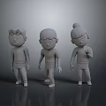 Three Gray 3D Cartoon Character Models With Different Hairstyles And Poses 3d model