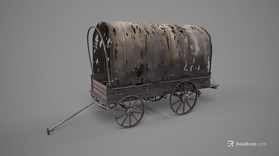Vintage Covered Wagon With Tattered Canvas Top And Wooden Wheels 3d model 