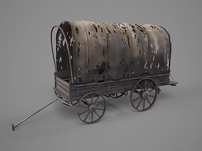 Vintage Covered Wagon With Tattered Canvas Top And Wooden Wheels 3d model