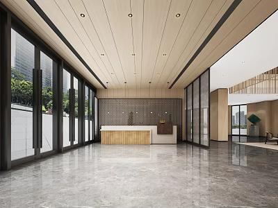 Modern Hotel Lobby Interior With Wooden Ceiling Large Windows And Marble Floor 3d model
