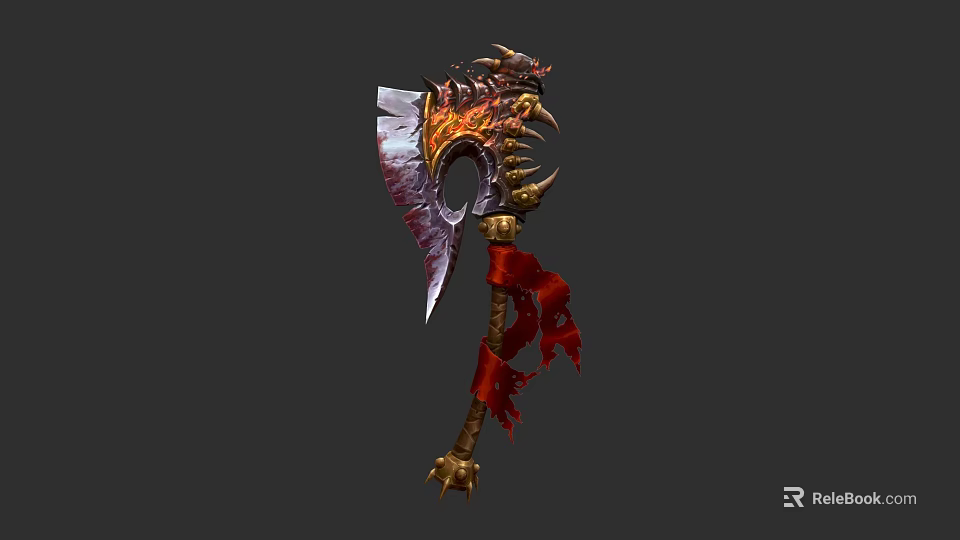 Ornate Battle Axe With Flame Patterns Spiked Edges Red Ribbons Sharp Blade And Golden Handle 3d model 