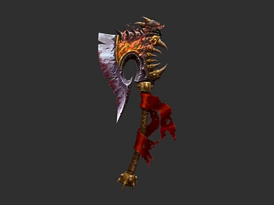 Ornate Battle Axe With Flame Patterns Spiked Edges Red Ribbons Sharp Blade And Golden Handle 3d model