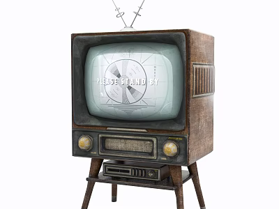 Vintage Wooden TV with Antenna on Stand Displaying Classic Test Pattern 3d model