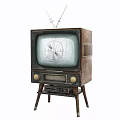 Vintage Wooden TV with Antenna on Stand Displaying Classic Test Pattern
