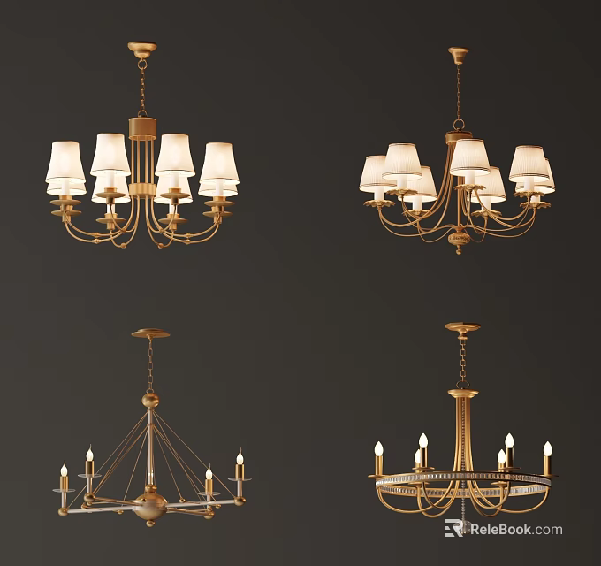 Elegant Golden Chandeliers Featuring White Shades And Classic Candle Design Elements 3d model