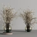 Two Transparent Glass Vases With White Flower Branches On Wooden Bases And Grey Background