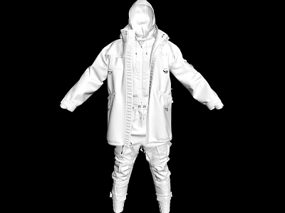 White Hooded Utility Jacket And Pants With Multiple Pockets Functional Design Details 3d model