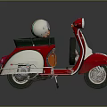Classic Red and White Scooter With White Helmet on Green Seat and Chrome Details