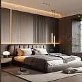 Modern Bedroom Interior With Dark Wooden Accent Wall Leather Headboard And Pendant Lights