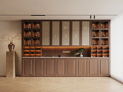 Traditional Chinese Wooden Display Cabinet With Multiple Shelves Green Plant And Vase 3d model