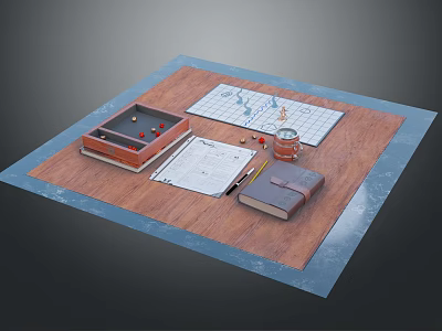Wooden Tabletop With Red Box Map Paper Pen Compass And Notebook 3d model