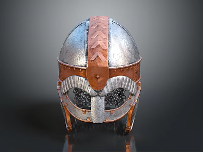 Viking Style Warrior Helmet With Silver Copper Accents Decorative Patterns And Face Guard 3d model