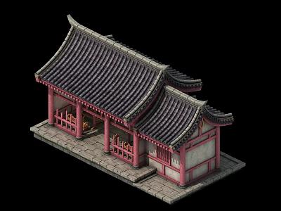 Cartoon Traditional Chinese Building With Black Tiled Roof Red Pillars And Stone Steps 3d model