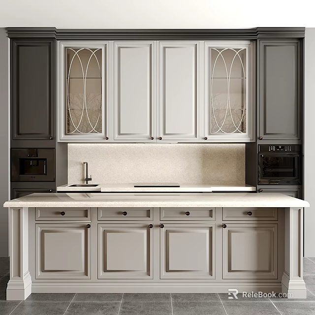 Modern Kitchen Interior With Arched Glass Door Cabinets Stone Countertop Sink Faucet And Appliances 3d model 