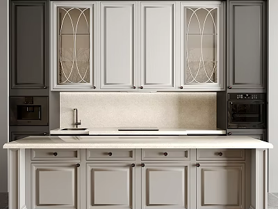 Modern Kitchen Interior With Arched Glass Door Cabinets Stone Countertop Sink Faucet And Appliances 3d model