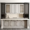 Modern Kitchen Interior With Arched Glass Door Cabinets Stone Countertop Sink Faucet And Appliances