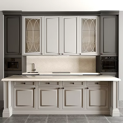 Modern Kitchen Interior With Arched Glass Door Cabinets Stone Countertop Sink Faucet And Appliances 3d model