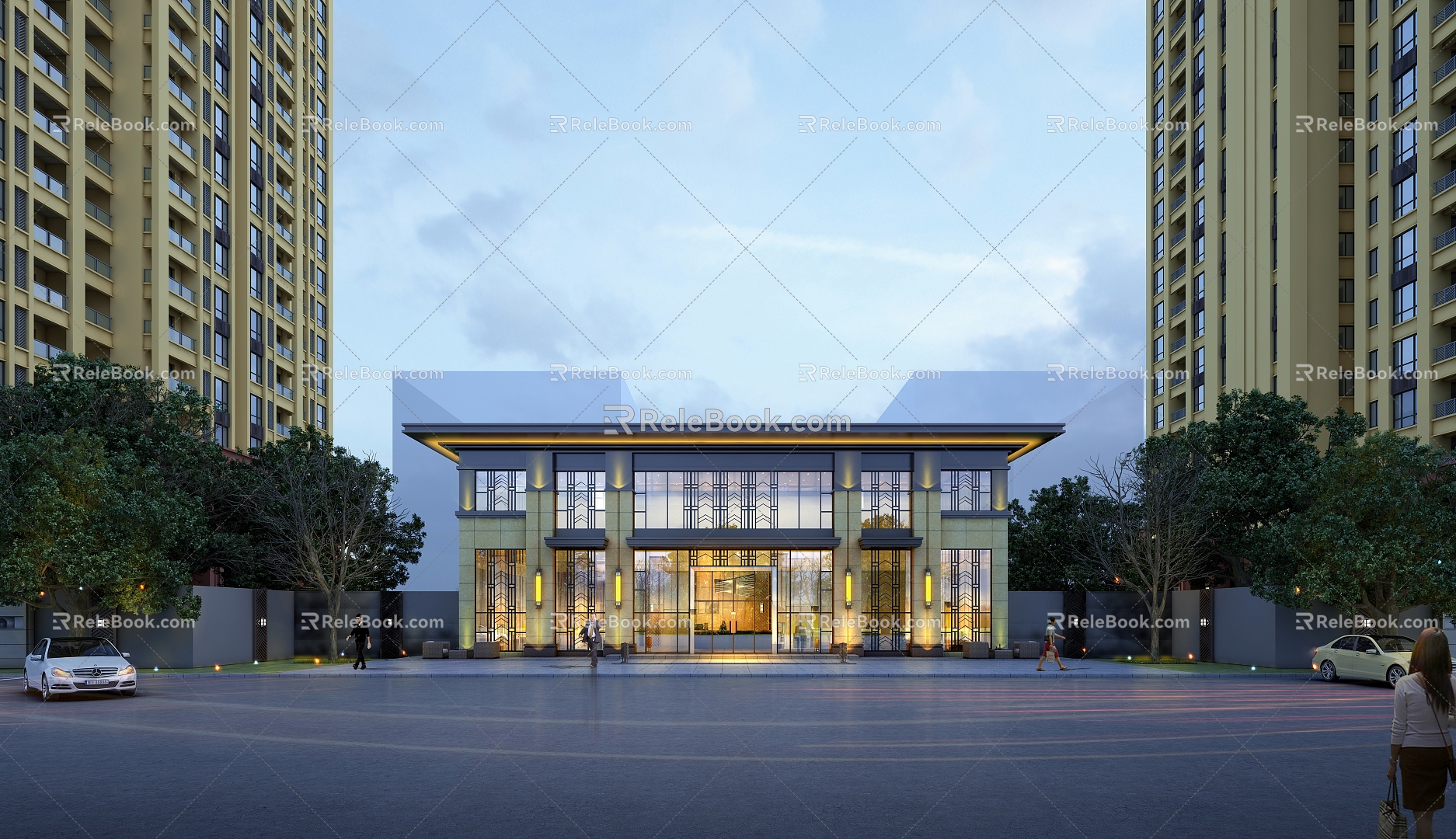 Second floor sales office night lighting high-end warm glass curtain wall 3d model