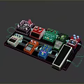 Guitar Effects Pedals In Various Colors Arranged On Black Pedalboard With Cables