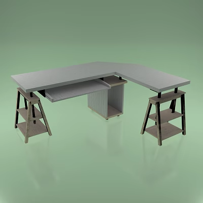 Practical L Shaped Wooden Desk With Sturdy Built In Shelves And Spacious Work Surface 3d model
