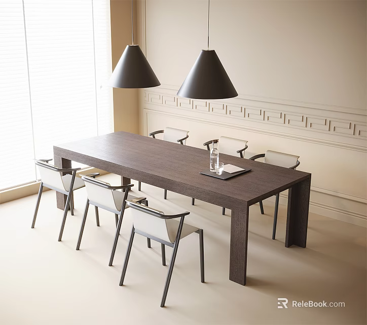 Modern Dining Table And Chairs Set With Hanging Lamps And Wall Moldings 3d model 