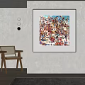 Colorful Abstract Painting Hanging On Light Colored Wall With Wooden Chair And Minimalist Decor