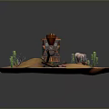 Vintage Steam Train Model In Desert Landscape With Cacti Small Plants And Tracks