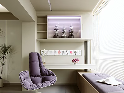 Cozy Home Balcony With Purple Comfortable Chair Decorative Shelf Wall Art Blinds Bench and Potted Plant 3d model