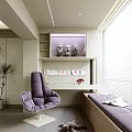 Cozy Home Balcony With Purple Comfortable Chair Decorative Shelf Wall Art Blinds Bench and Potted Plant