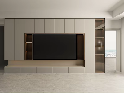 Modern Gray and Wood TV Stand With Built-in TV Open Shelves and Drawers 3d model