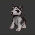 3D Model Husky Puppy With Gray White Fur Sitting Pose And Erect Ears Shiny Surface