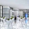 Modern Exhibition Hall With Marble Floor Landscape Paintings Display Stands And Digital Screens