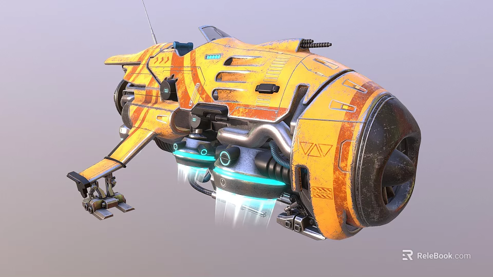Futuristic Yellow Orange Mechanical Vehicle With Glowing Thrusters And Landing Gear 3d model 