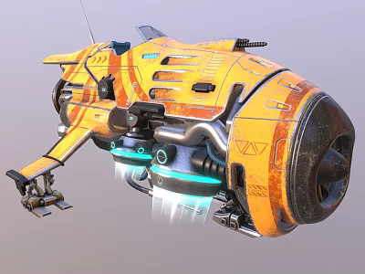 Futuristic Yellow Orange Mechanical Vehicle With Glowing Thrusters And Landing Gear 3d model