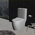 Contemporary Bathroom With White Toilet Black Tiled Walls Light Floor And City View Through Window