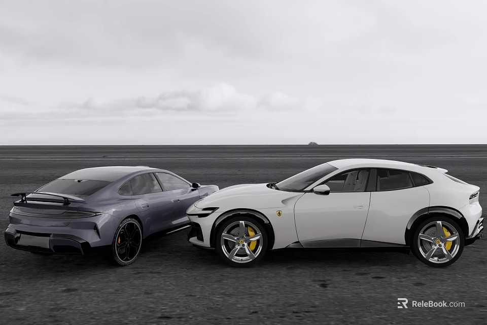 Gray And White Luxury Sports Cars Parked On Open Road With Cloudy Sky 3d model 