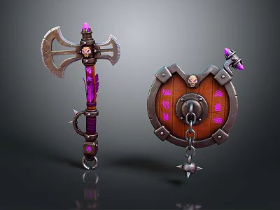 Fantasy Battle Axe And Shield With Wooden Handles Metal Frames Purple Accents And Skull Decorations 3d model