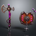 Fantasy Battle Axe And Shield With Wooden Handles Metal Frames Purple Accents And Skull Decorations