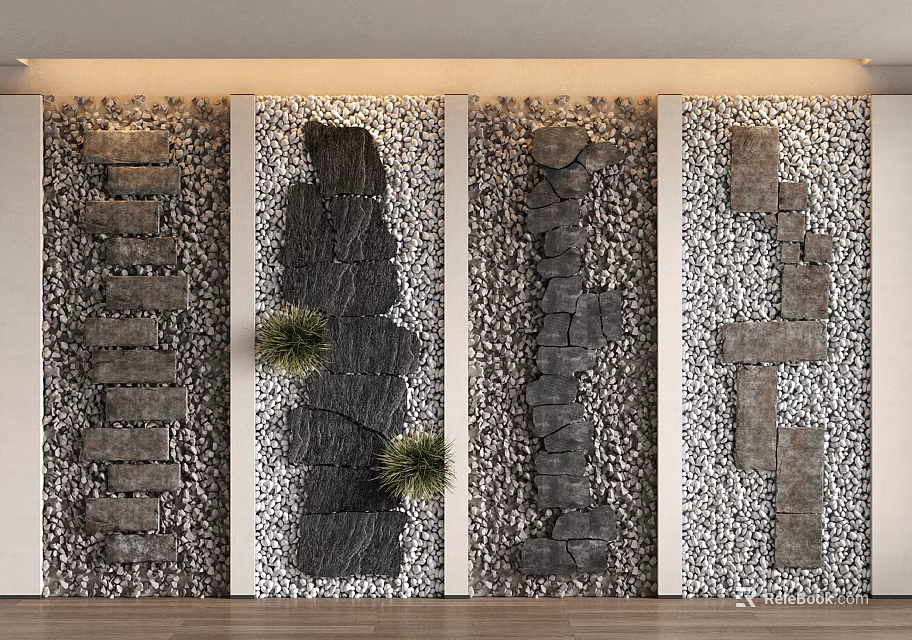 Decorative Stepping Stones Wall Design With Various Stone Arrangements And Green Plants 3d model 